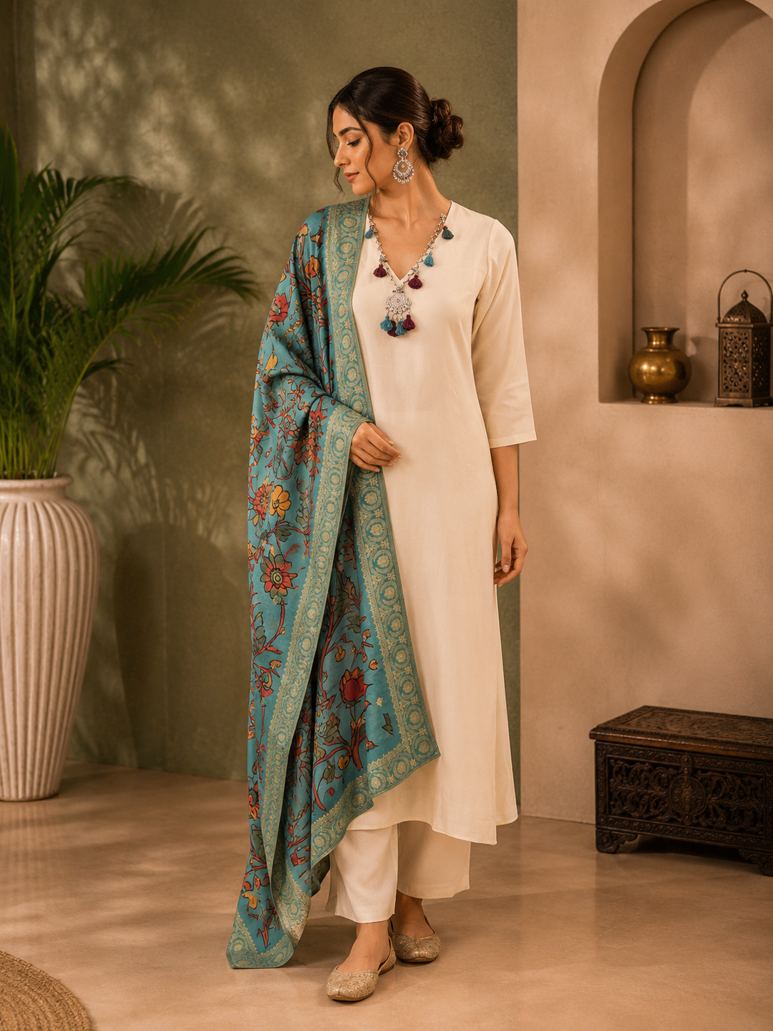 Ivory Silk Anarkali Suit Set with Floral Printed Turquoise Dupatta